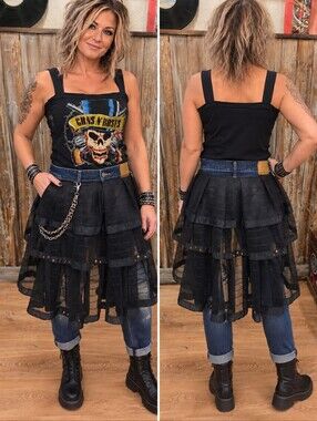 Gothic Layered Black Lace Skirt with Chain Accent